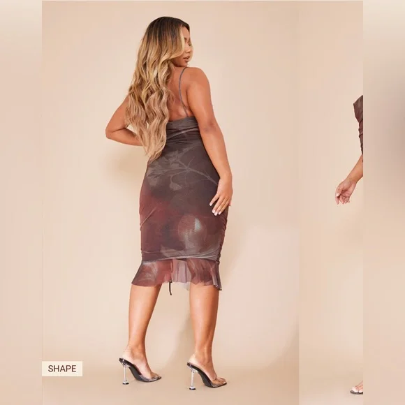 SHAPE BROWN FLORAL PRINT SHAPE MESH COWL RUCHED MiDI DRESS - Picture 2 of 5